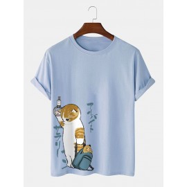 Mens Japanese Style Cat Print Crew Neck Cotton Short Sleeve T-Shirts