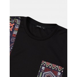 Mens Vintage Geometric Print Patchwork Curved Hem Short Sleeve T-Shirts