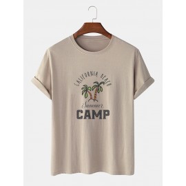 Mens Palm Tree Letter Print Cotton Short Sleeve T-Shirts