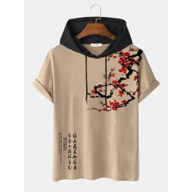 Mens Plum Bossom Character Print Contrast Short Sleeve Hooded T-Shirts