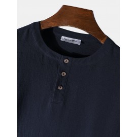 Mens Solid Color Texture Button Design Cotton Long Sleeve T-Shirts