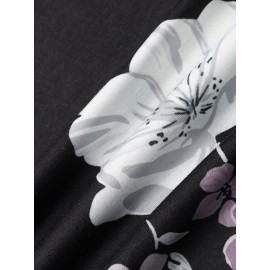 Mens Floral Print Black Crew Neck Short Sleeve Street T-Shirt