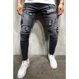 Men's Black Ripped Badge Applique Stiletto Jeans