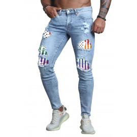 Sky Blue Men Stripes and Stars Print Ripped Skinny Jeans