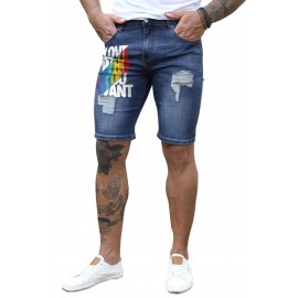 Blue Love Who You Want Print Men's Ripped Short Jeans