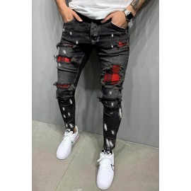 Black Plaid Patchwork Distressed Slim-fit Men's Jeans