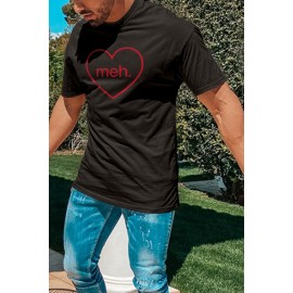 Black meh. Heart Shaped Print Crewneck Short Sleeve Men's Tee
