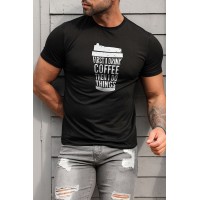 Black Men's Letter Coffee Cup Print Slim-fit Crewneck T Shirt
