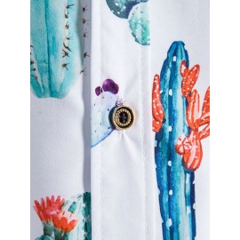 Mens All Over Cactus Pattern Lapel Short Sleeve White Shirt