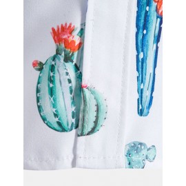 Mens All Over Cactus Pattern Lapel Short Sleeve White Shirt