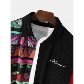 Mens Contrast Patchwork Geometric Pattern Embroidered Corduroy Long Sleeve Shirts