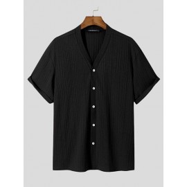 Mens Striped Texture V-Neck Short Sleeved Shirt