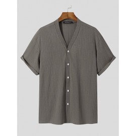 Mens Striped Texture V-Neck Short Sleeved Shirt