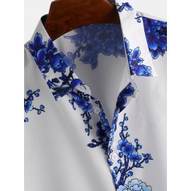 Mens Chinese Style Porcelain Floral Printed Short Sleeve Turn Down Collar Casual Shirt